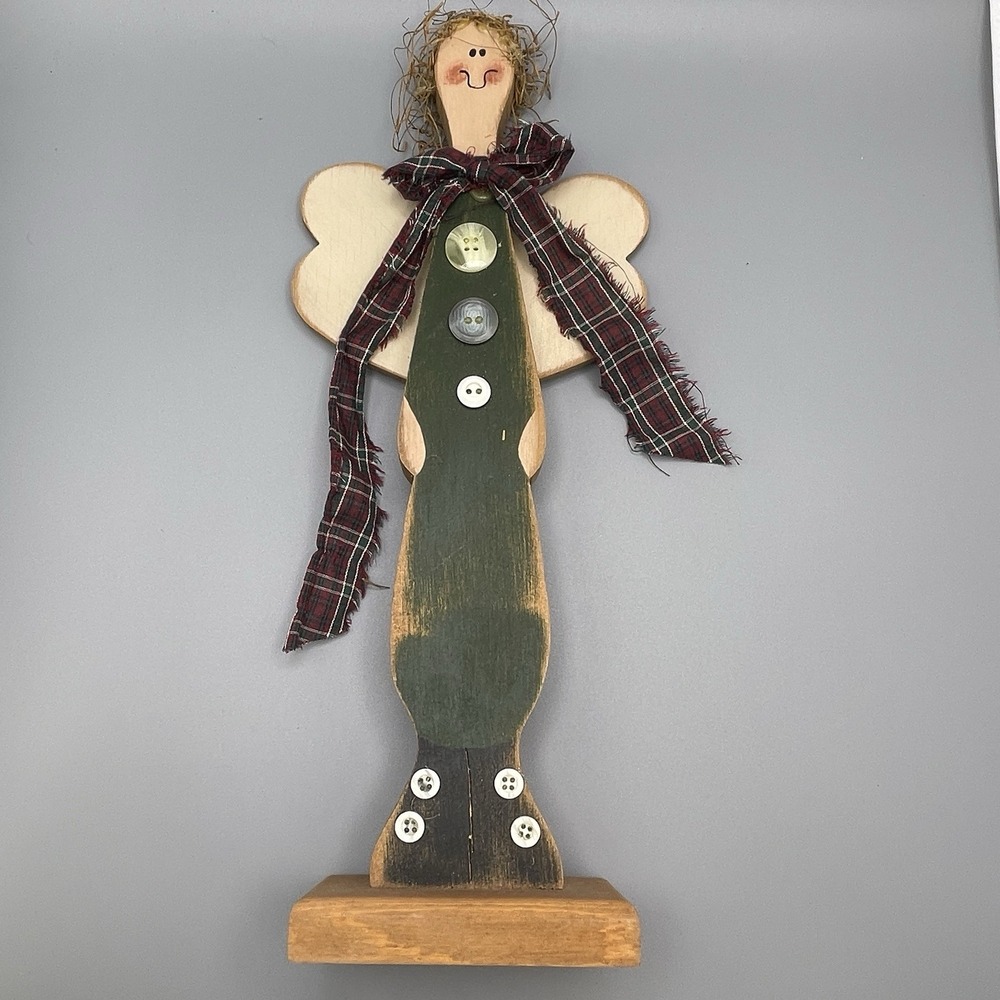 Primitive Folk Art Carved Wood Angel Farm House 15" Tall Wood Base Distressed